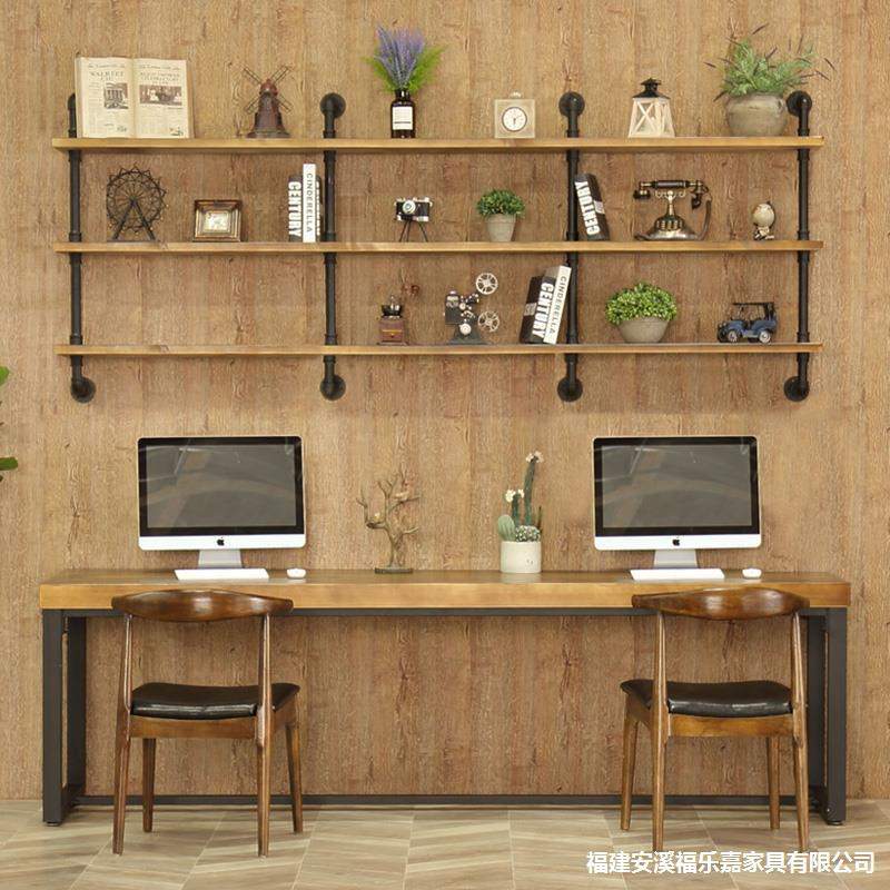 书桌书架组合家用实木loft工业风书房学习办公桌双人电脑桌子