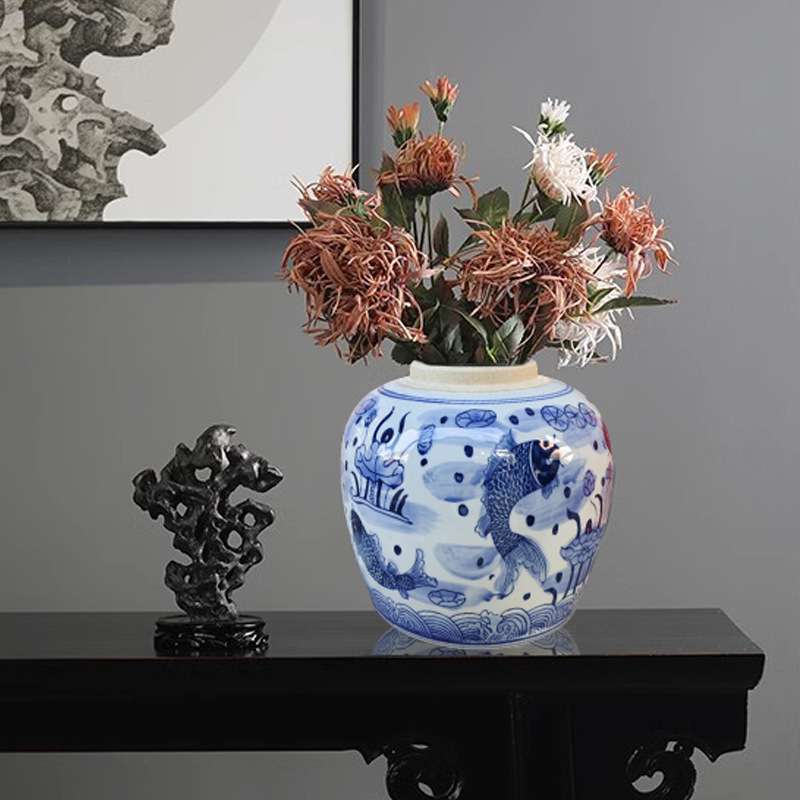 新中式青花瓷陶瓷花瓶摆件年年有余客厅家居装饰品贺礼储物罐