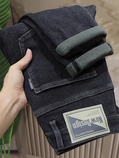 意大利冬季磨毛抓绒薄绒牛仔裤男士厚款修身小脚抓毛保暖柔软长裤