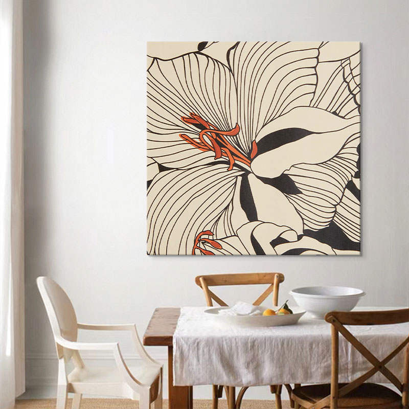 抽象百合手绘油画客厅餐厅装饰画法式复古线条花卉玄关挂画正方形图片