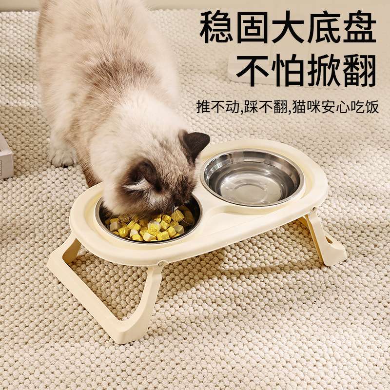 可折叠不锈钢宠物碗猫食盆猫碗狗粮碗进食饮水狗狗碗护颈高脚双碗