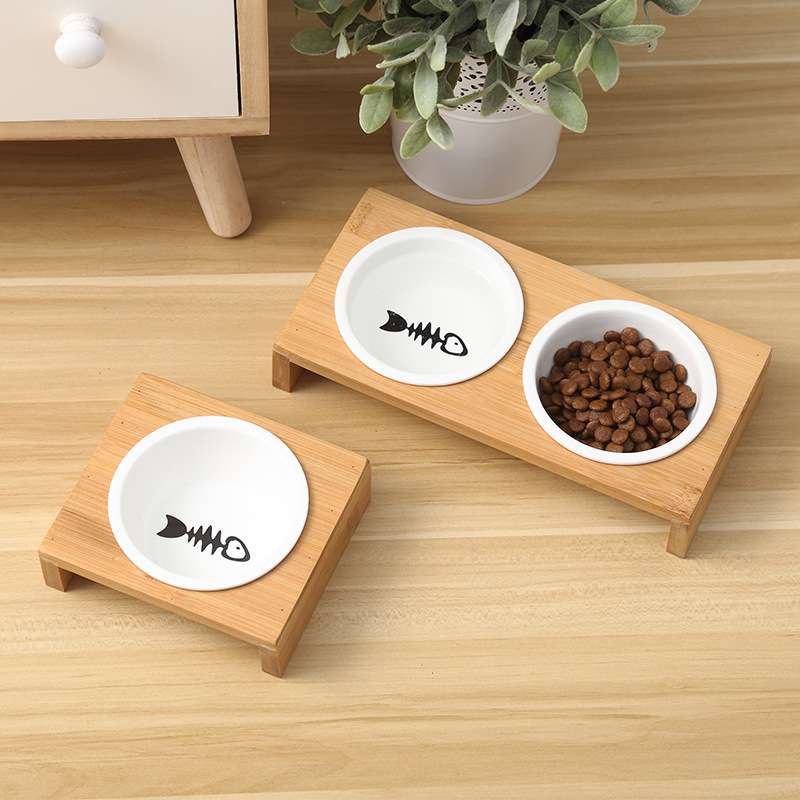 猫碗双碗猫食盆竹架陶瓷猫饭盆饮水猫粮碗狗碗饮水盆猫咪宠物用品