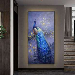 饰画新中式 蓝孔雀纯手绘油画紫气东来装 入户玄关走廊过道轻奢挂画