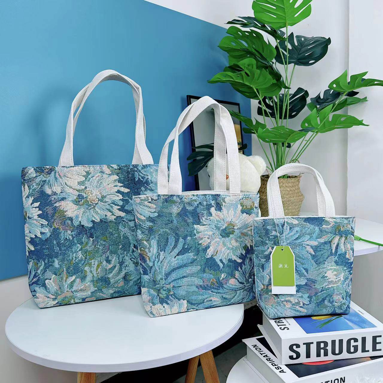 莫奈花园帆布包文艺小清新单肩包学生补习包上班百搭通勤包大容量