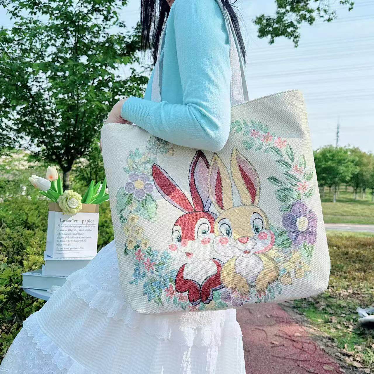 卡通兔子帆布包双面金丝提花刺绣单肩包上班通勤百搭包日常妈咪包