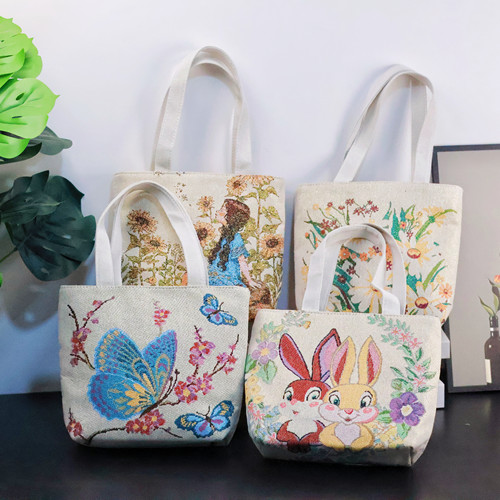 双面刺绣帆布包手提包手拎外出百搭精致化妆包手机包上班小拎包