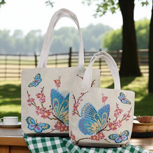 双面金丝手提帆布包上班通勤手提包百搭刺绣带拉链手拎外出妈咪包