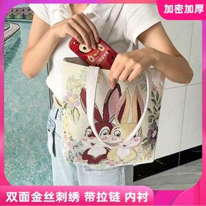 卡通兔子包包女帆布双面金丝提花刺绣学生补习包妈咪包亲子单肩包