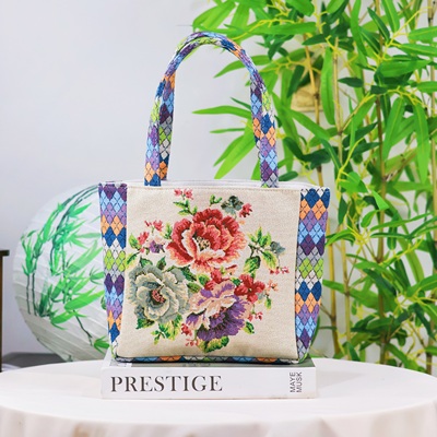 菱格手提包双面金丝提花刺绣帆布包百搭女士休闲包便携上班手拎包