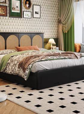 木美式复15198古人实榻榻米收纳储物高箱抽屉床主卧床1米8双法藤