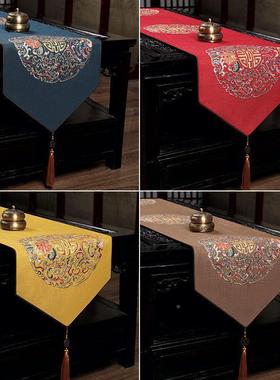 中式桌旗国风麻刺茶桌茶旗中茶几布床旗电视柜棉FSQ盖布长条绣桌