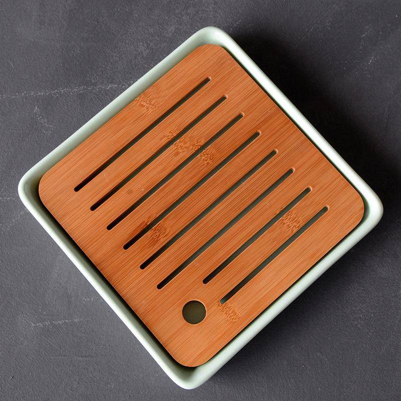 AL6汝窑陶瓷约蓄泡水茶盘正方形家用茶海干小简号LDL竹制茶托台