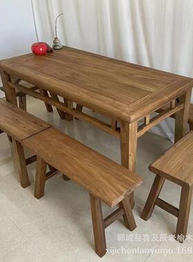 厂一手老榆木家田门板茶YIR桌民宿园风化纹理餐桌农家乐实木餐桌