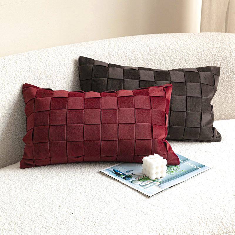 轻奢复软丝绒编古织抱枕红腰色绿色沙发枕样板间靠枕长GFK方形装