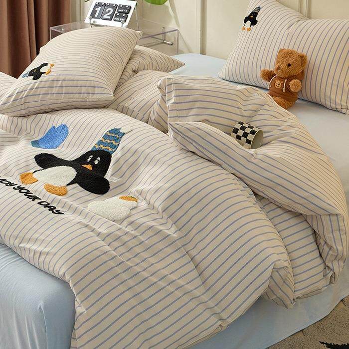 通全棉磨毛巾绣100舍棉四件套52166纯棉三套儿童宿床单被卡套加件