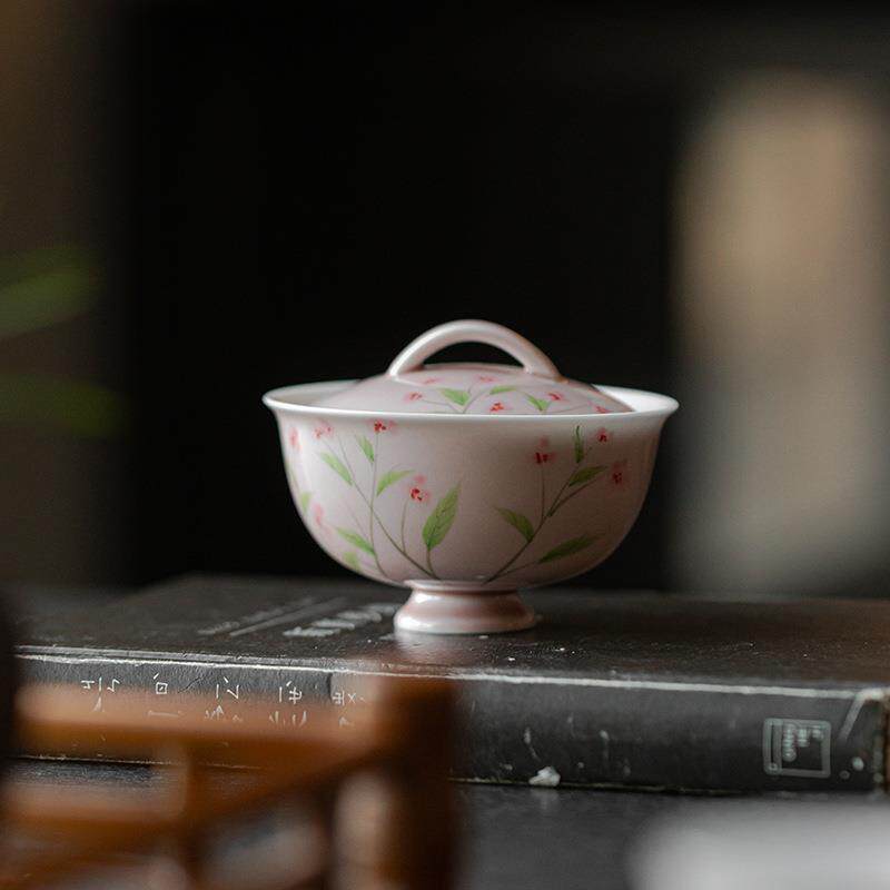 碗弥泡言苍烟红釉下彩手绘花草盖碗创手工陶瓷苍烟红—茶茶意艺茶