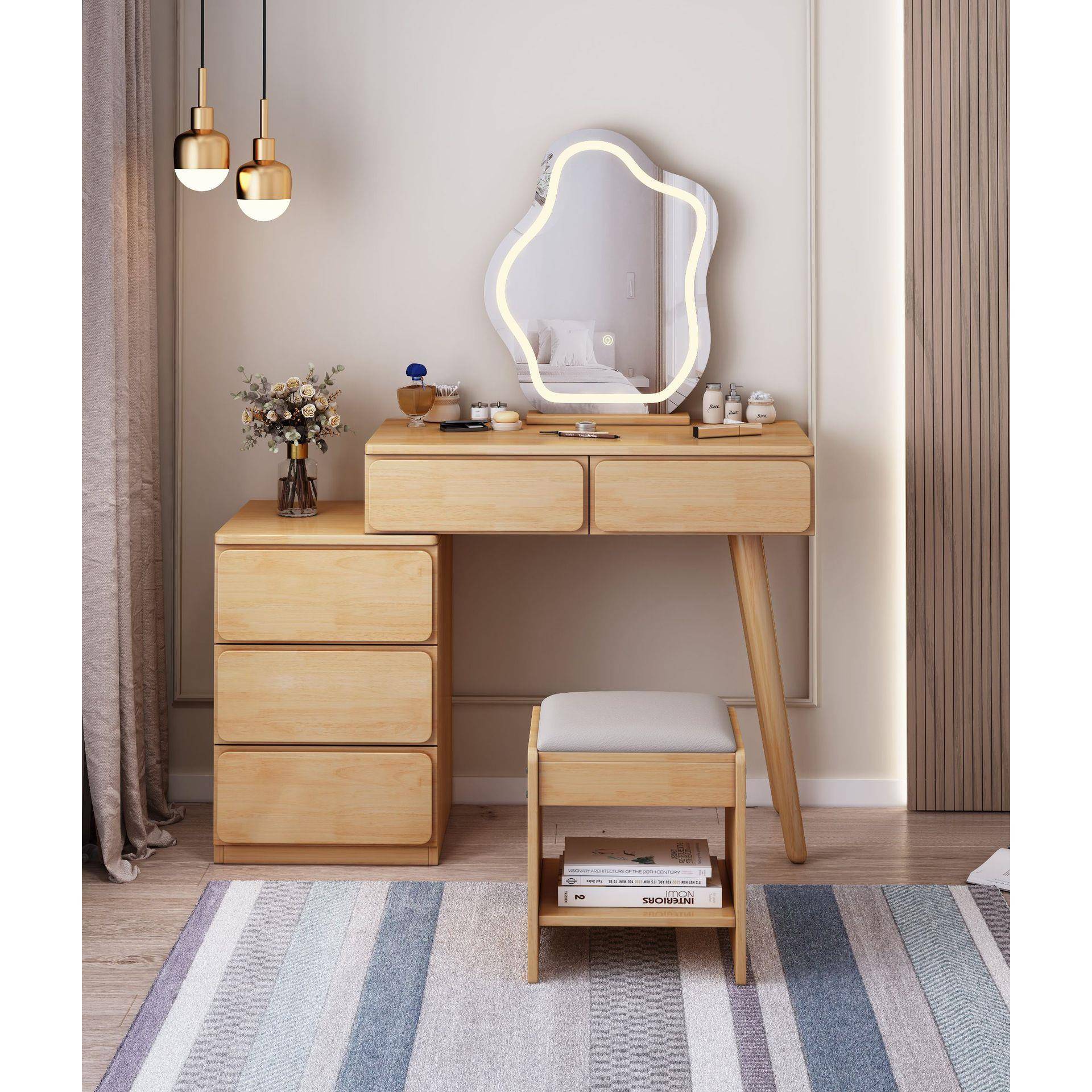 轻奢实木梳妆可动斗柜AXR化妆桌台收纳柜一体带简约多功移能灯化