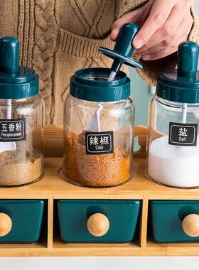 创意陶瓷调料盒套装家用厨收OQH纳调料罐勺盖一体房味罐调组合