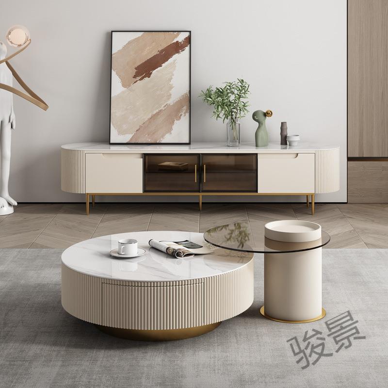 FS2FS6rhf3T璃025蕞新现代轻奢圆形茶几小型玻烤户漆白色板组合茶