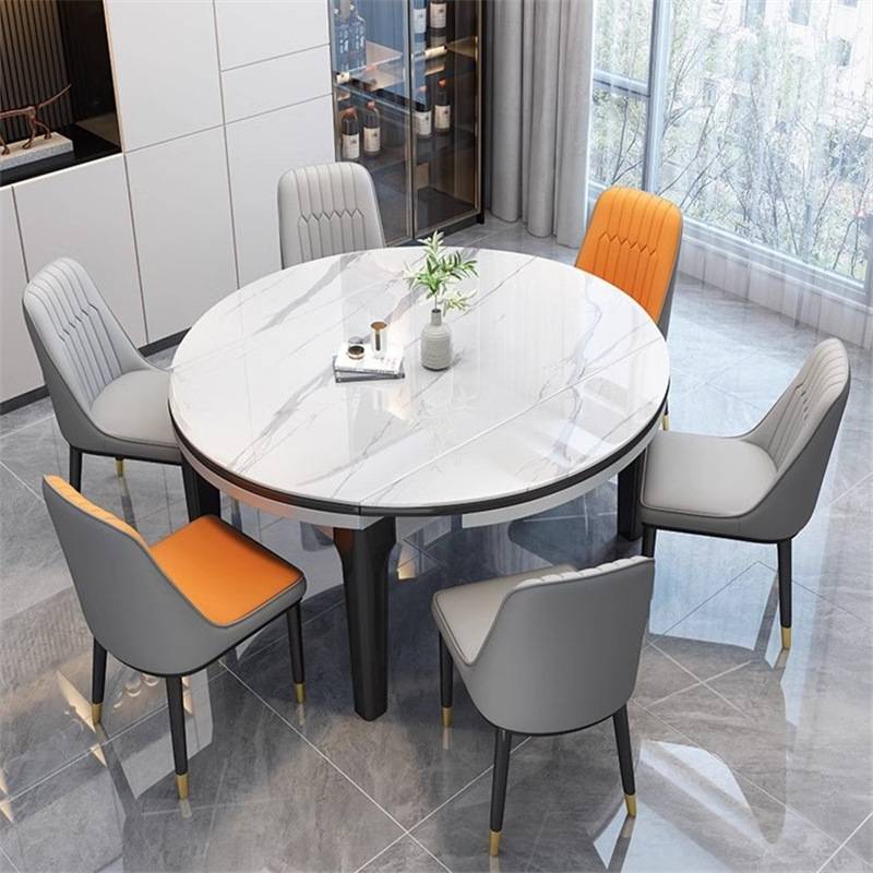 意式实木岩板餐桌椅组合轻奢现代简约家用方变圆桌小户型伸缩饭桌