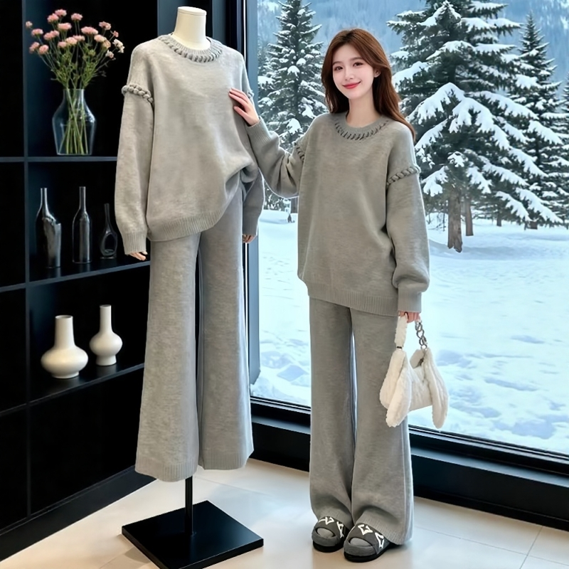 慵懒风灰色针织套装韩系高级感加厚套头毛衣女冬季休闲宽松阔腿裤,女装/女士精品,时尚套装,淘宝优惠券,粉丝福利购,淘宝优惠卷