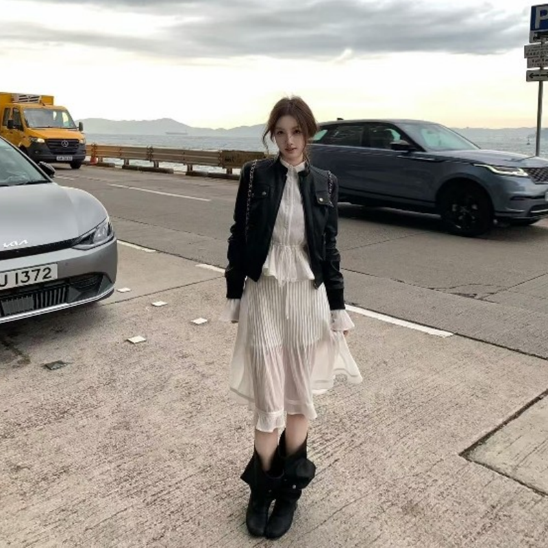 高级感时尚皮衣外套温柔气质白色衬衫女春季小众休闲半身裙三件套,女装/女士精品,时尚套装,淘宝优惠券,粉丝福利购,淘宝优惠卷