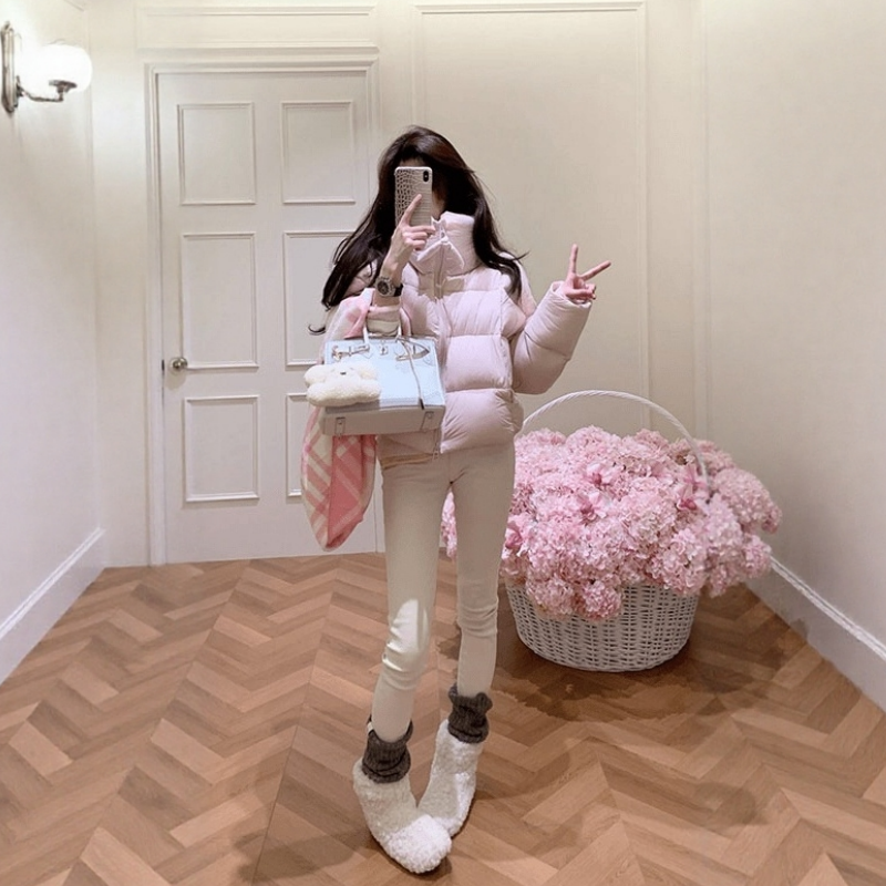 粉色温柔风高级感连帽保暖棉服外套女冬季休闲白色紧身裤两件套装