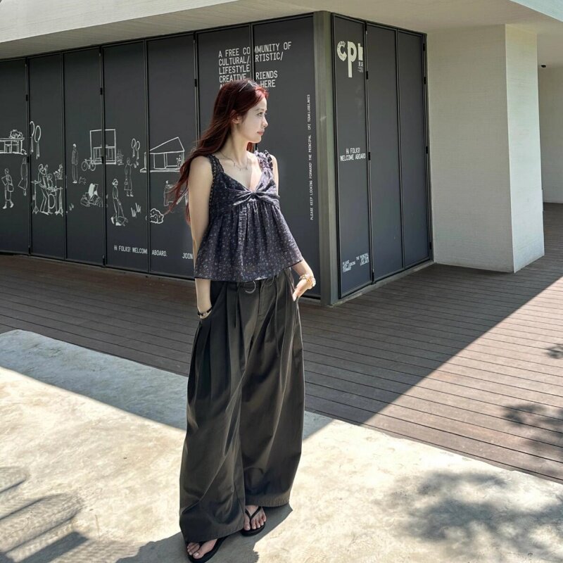 韩系复古蝴蝶结碎花吊带背心女2026夏季高腰宽松休闲阔腿裤两件套