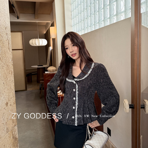ZY GODDESS-式优雅名媛小香风娃娃领拼接蕾丝减龄短外套小衫