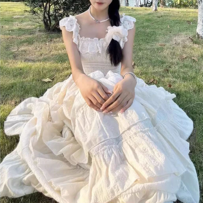 小飞袖吊带连衣裙女蕾丝拼接大裙摆收腰海边度假超仙中长款蛋糕,女装/女士精品,连衣裙,淘宝优惠券,粉丝福利购,淘宝优惠卷