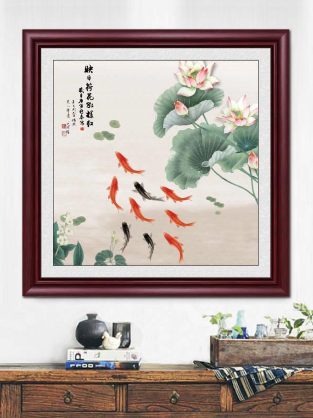 新中式正方形九鱼图玄关挂画客厅沙发背景墙装饰画中国风禅意壁画图片