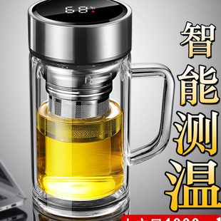 带盖子大容量温带把水杯办公室显男女家用泡茶杯手柄双层玻璃杯带