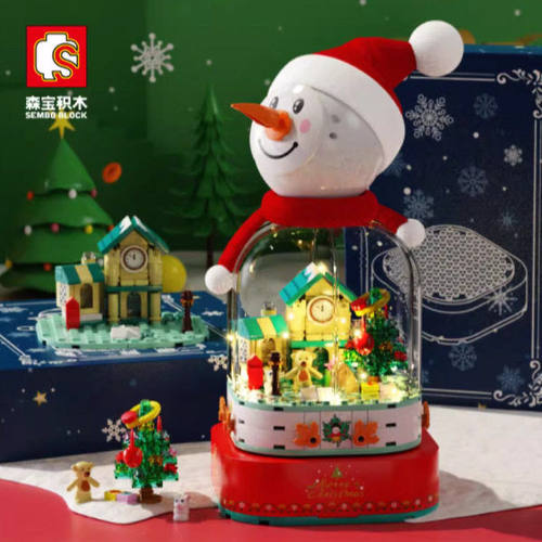森圣诞声光雪人拼装益智积木601162森儿童拼装中国积木八音盒