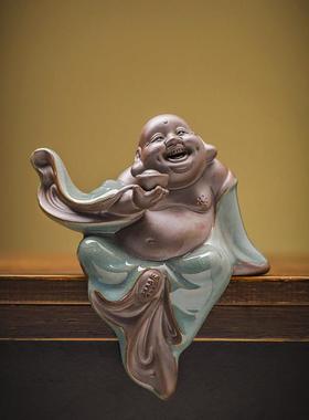 创意大肚陶瓷弥勒佛人物大肚笑佛禅意客厅玄关中式家居根雕小摆件