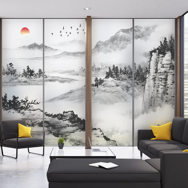 新中式风景画玻璃贴纸有山无水画办公室客厅玄关装饰静电磨砂贴膜图片