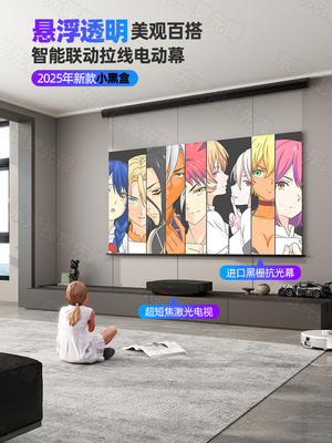 视觉猫投影幕布电动升降智能光子悬浮拉线菲涅尔抗光幕布3D/4K/8K超高清家用100/120英寸天花嵌入隐藏壁挂幕