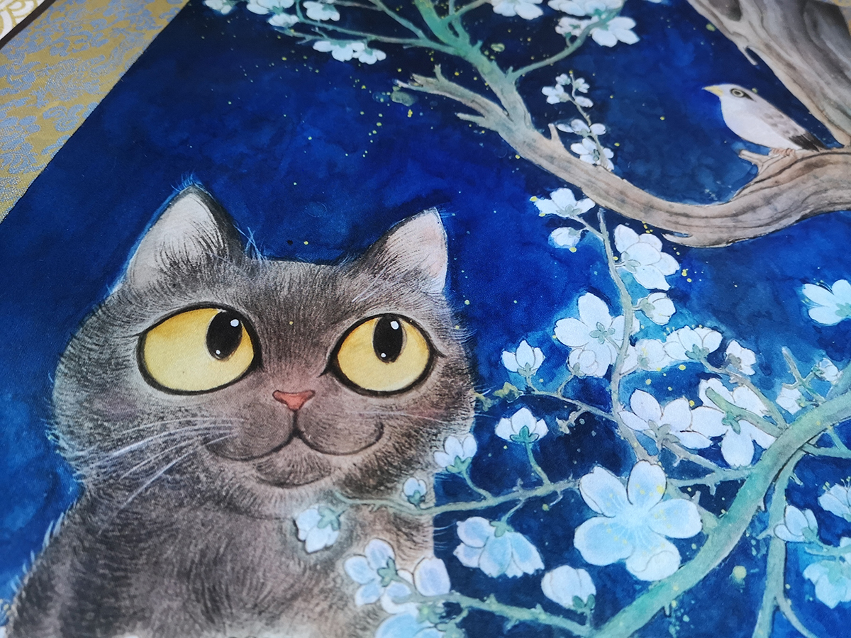 三包面小卖部 四季风物工笔萌猫原创丝绸挂画中式国潮家居装饰画