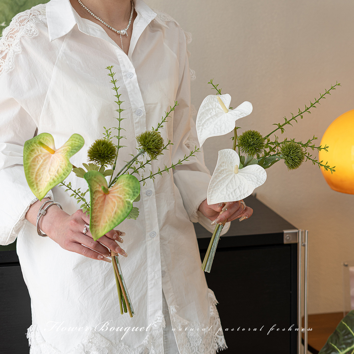 高端原创设计红掌小草球花束仿真花假花卧室餐厅氛围感装饰花摆设