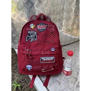 自制款酒红色摇滚朋克Y2K学生大容量上课书包女双肩包休闲包男