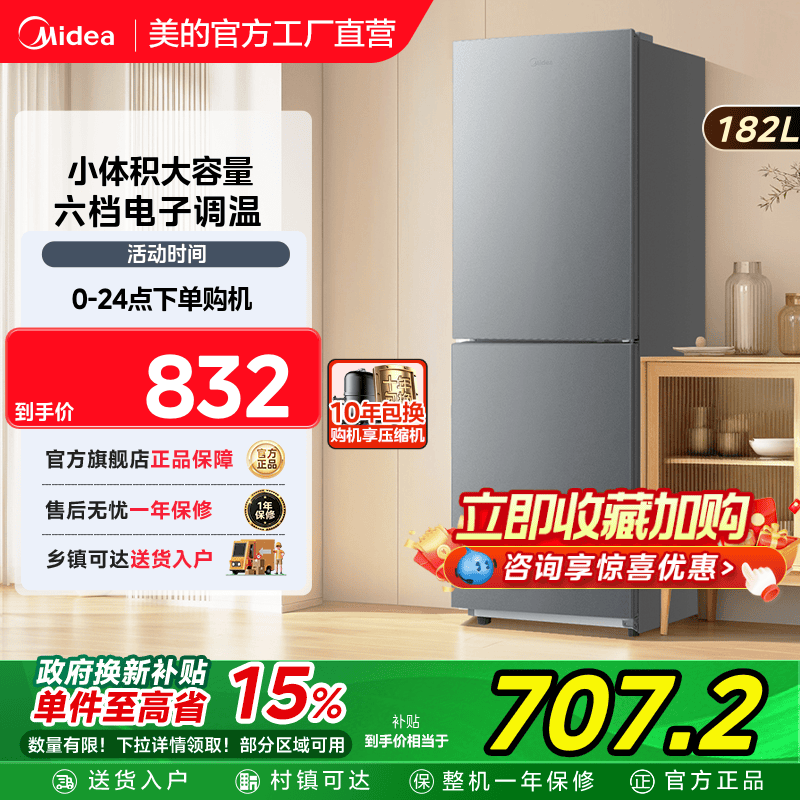 【超省电】美的182L电冰箱家用小型出租房宿舍用节能低噪双开两门