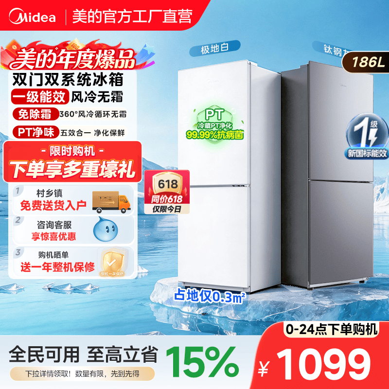 美的196超薄双开两门家用小户型出租屋冰箱一级节能省电风冷无霜