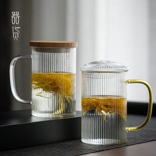 玻璃水杯加热带把茶杯简约北欧带盖大容量子可家用透明微波炉耐热