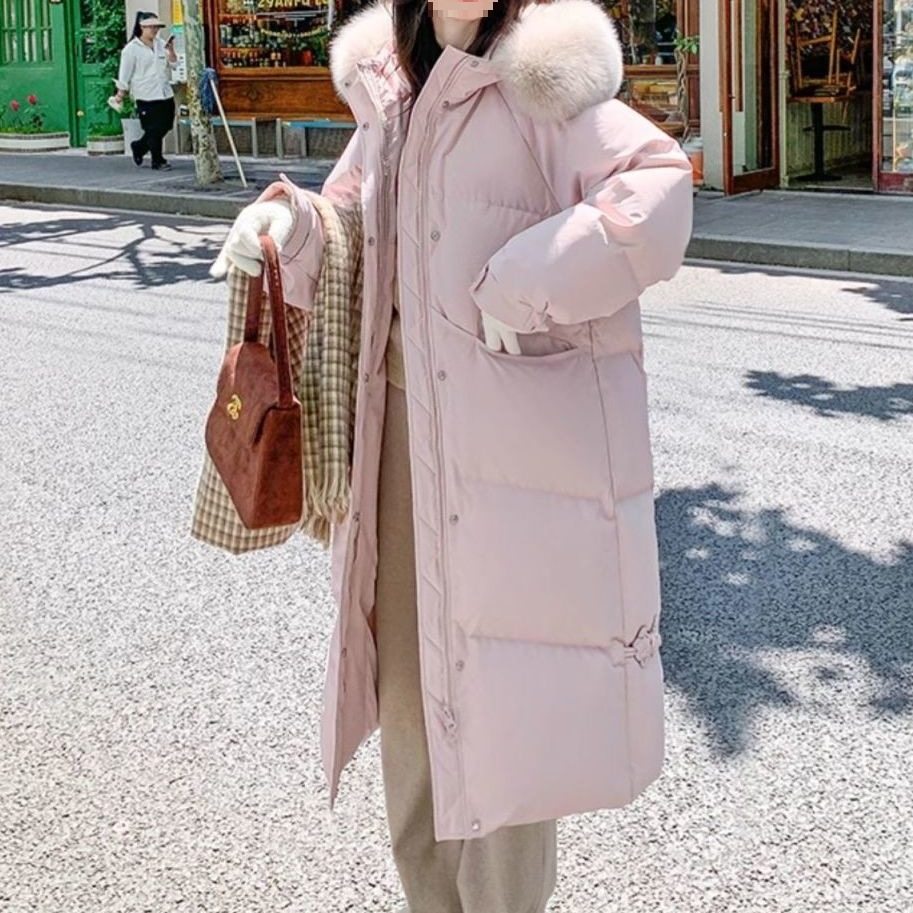 大毛领羽绒服女2025冬季新款中长款加厚宽松连帽白鸭绒外套长款