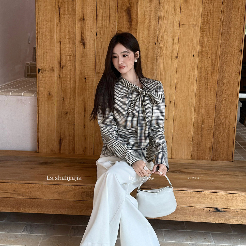 LS 复古优雅系带领口格纹小衫 广州十三行2026早春新品女装61230#