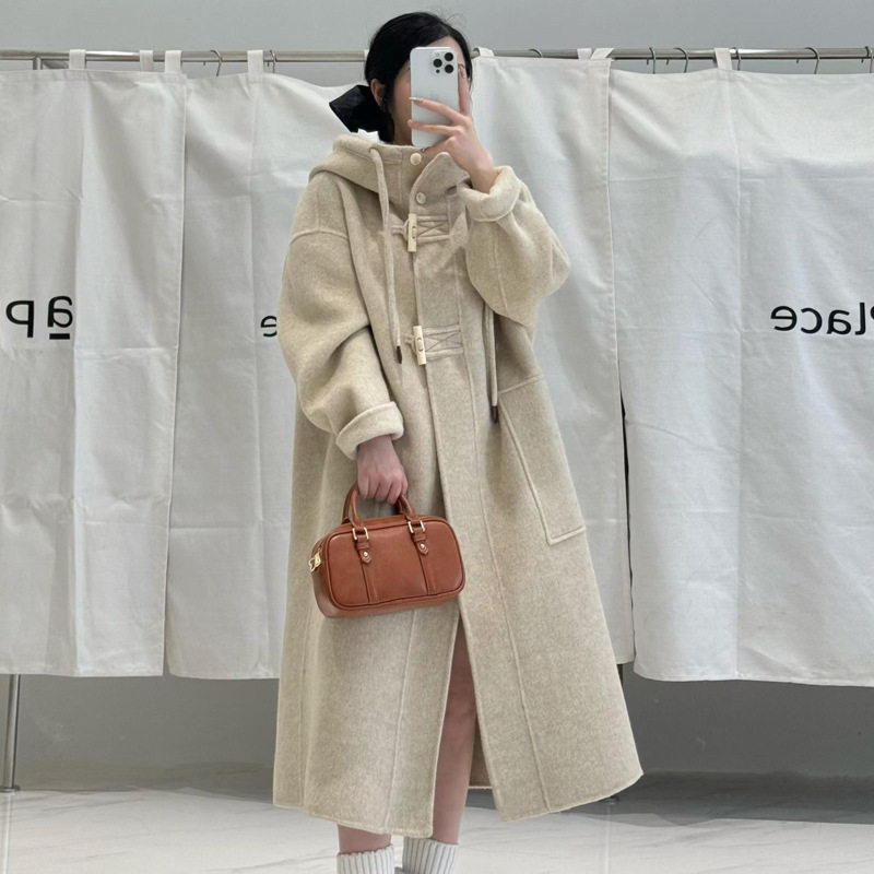 厂家直销双面羊绒大衣女长款2025新款韩版直筒连帽羊毛呢外套