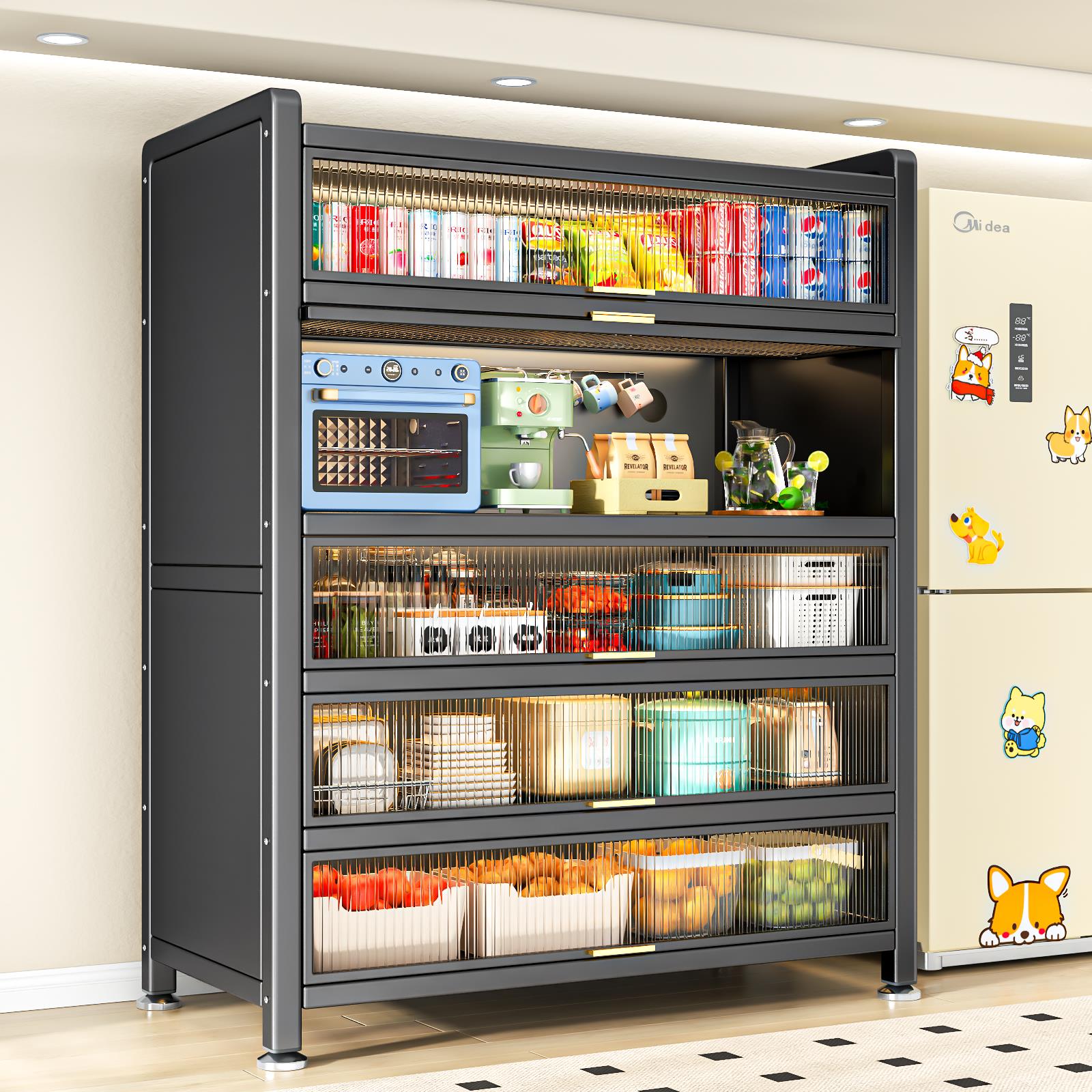 厨房微波炉防尘置物柜家用落地多层置物架碗筷柜餐边柜橱柜收纳柜