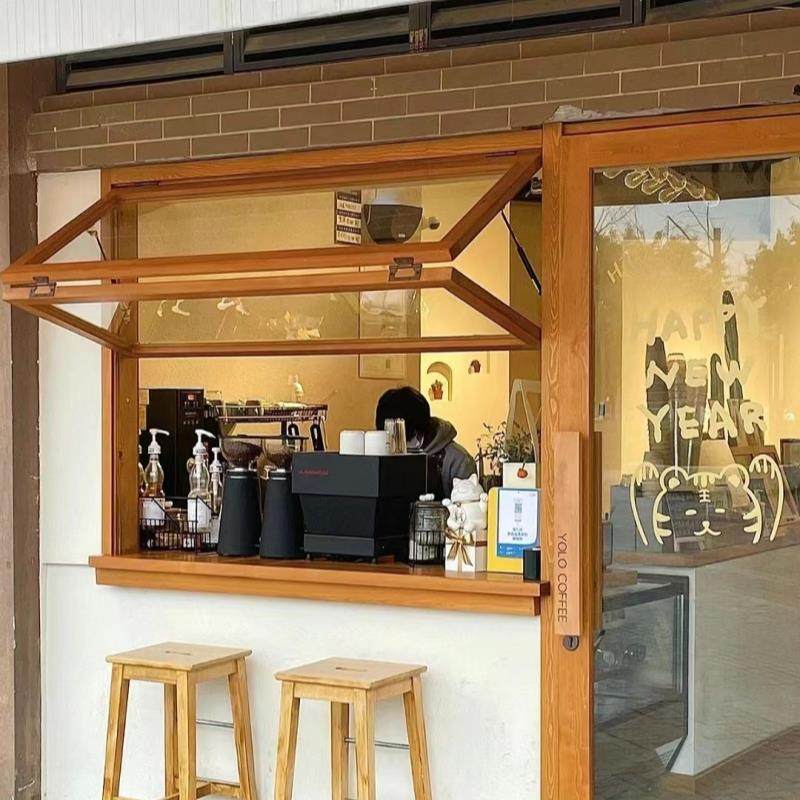 实木门窗定制服装奶茶咖啡店铺原木风饭厅推拉折叠覆古玻璃门窗户