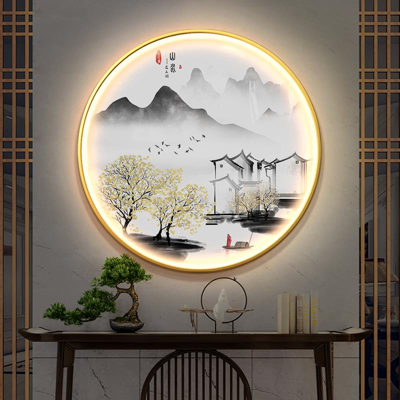 新中式玄关装饰画圆形茶室挂画大气山水壁画走廊过道水墨靠山国画图片
