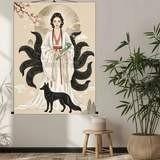 九尾狐娘娘挂画出马堂口客厅供奉胡家仙黑白狐狸真身像招财卷轴画