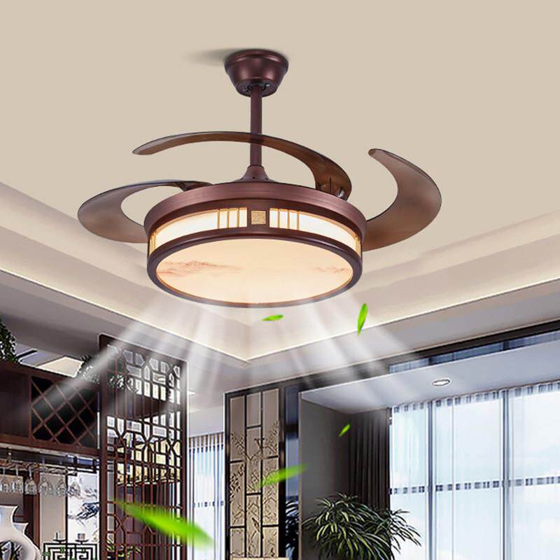 中式吊扇灯隐形吊扇灯智能带风扇客厅饭厅吊灯实木中山灯具吊扇灯
